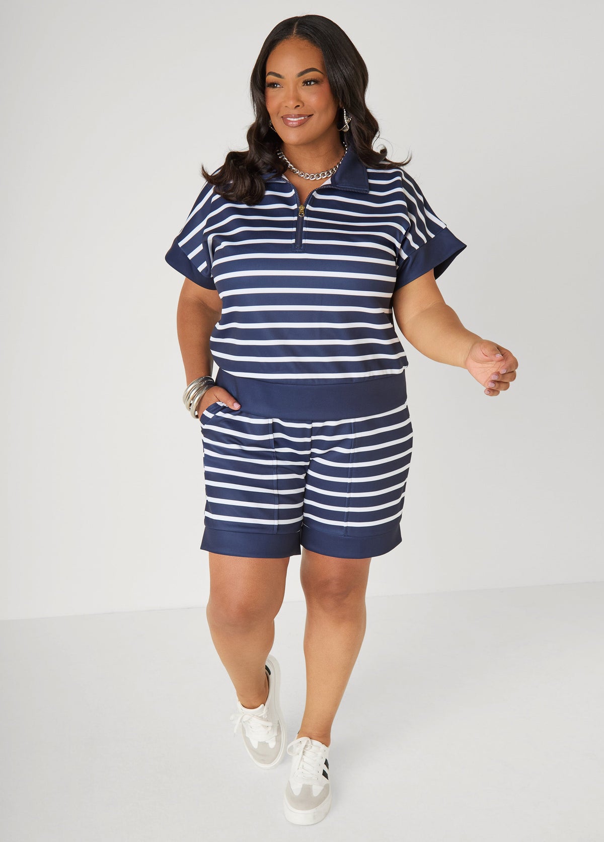 Athletic Knit Striped Pullover Peacoat | Ashley Stewart