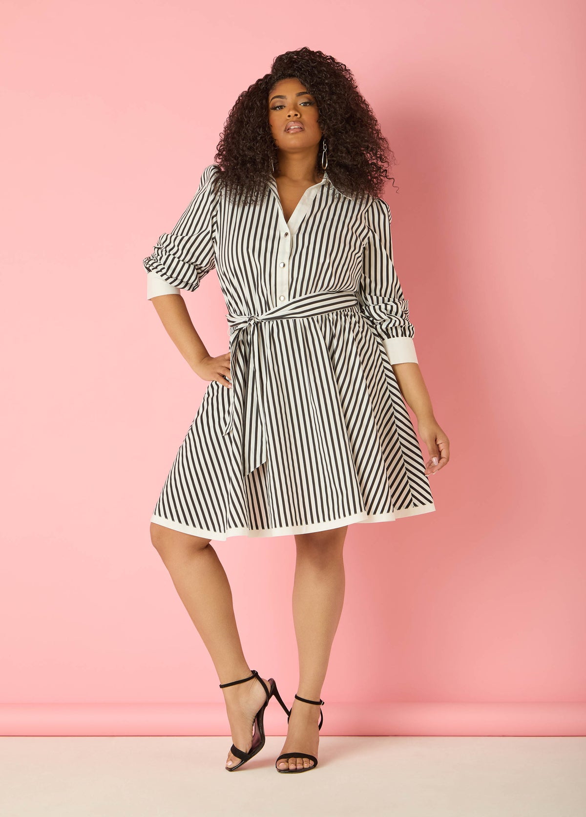 Striped A Line Shirtdress Black White | Ashley Stewart