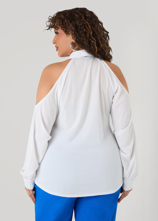 Cold Shoulder Tie Shirt Black White | Ashley Stewart