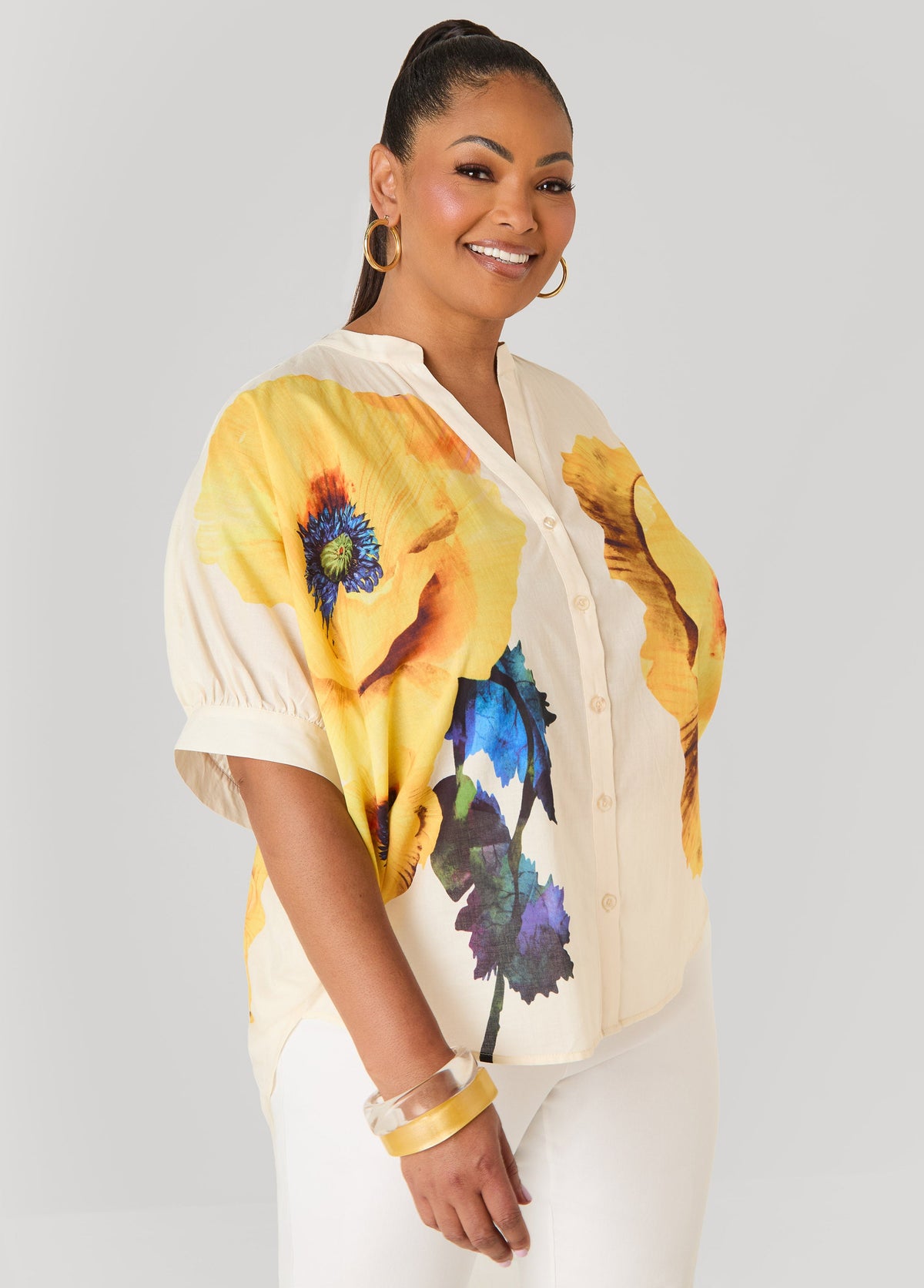 Floral Print Cotton Shirt White | Ashley Stewart