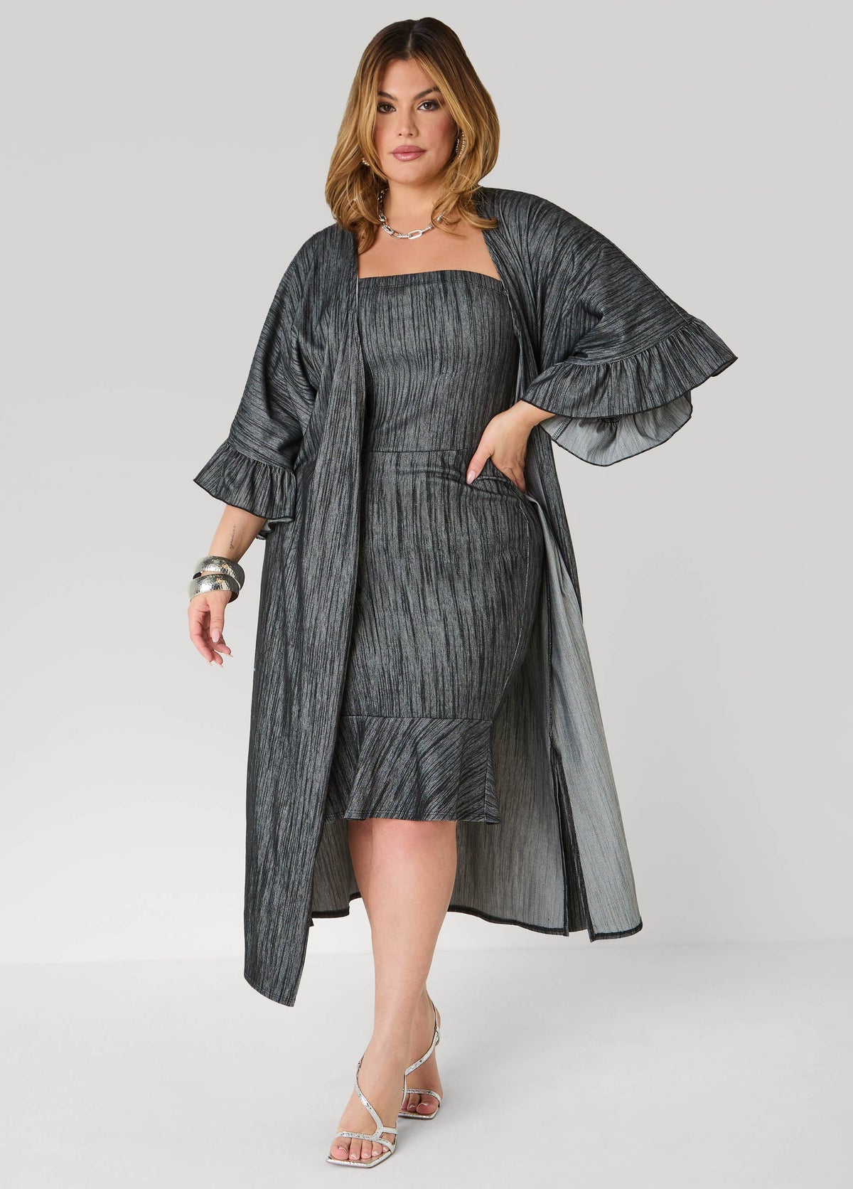 Ruffled Textured Denim Duster Denim Blue | Ashley Stewart