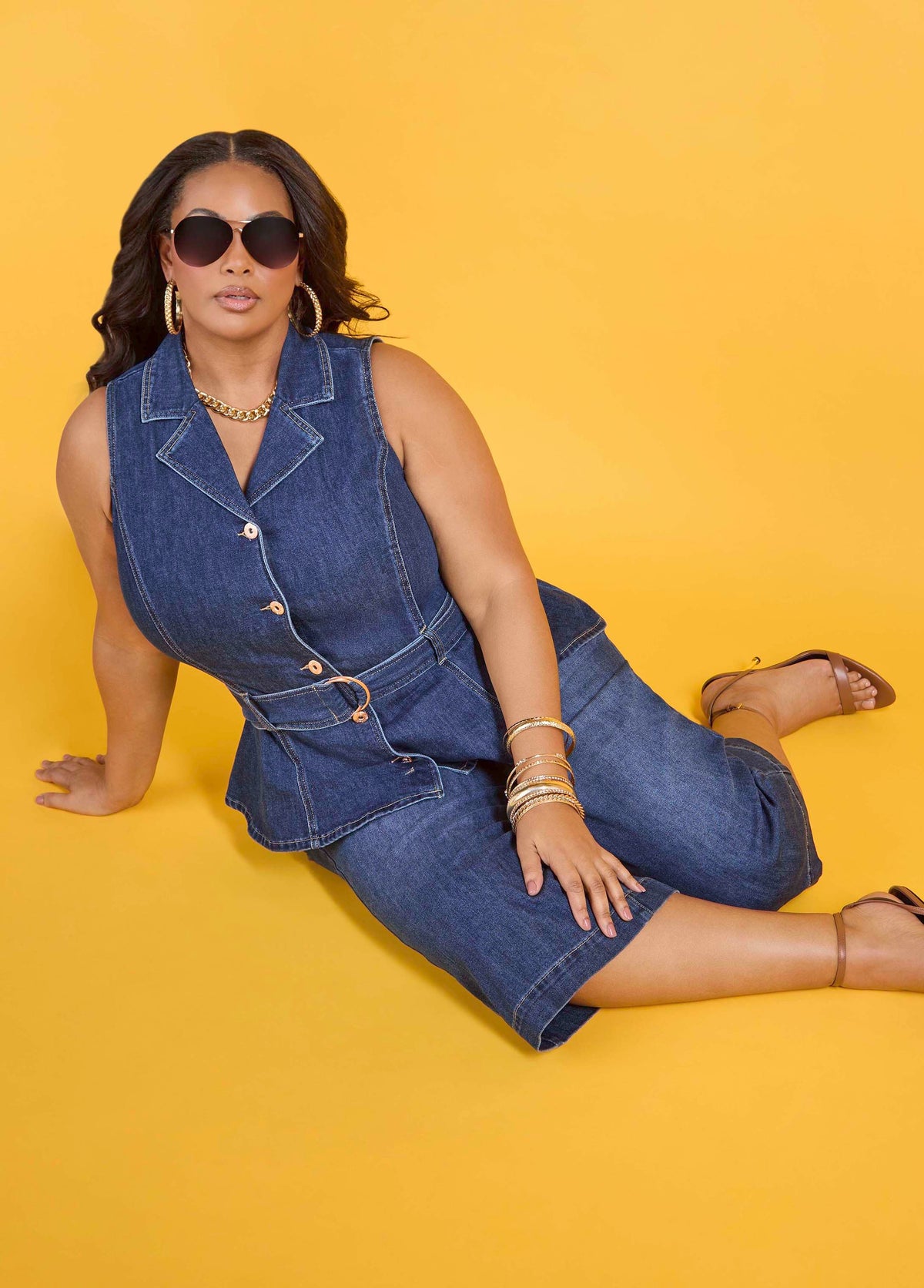 Belted Denim Peplum Vest Dk Wash | Ashley Stewart