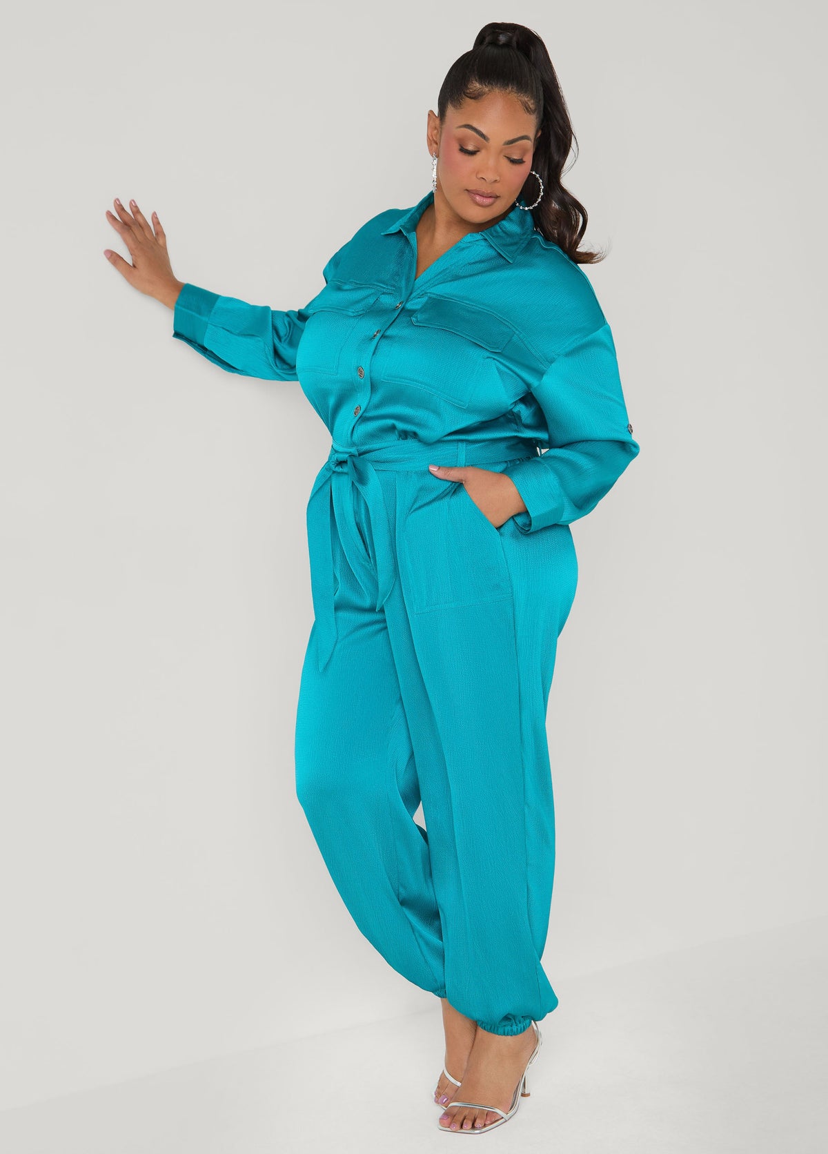 Hammered Satin Joggers Jumpsuit Copper | Ashley Stewart