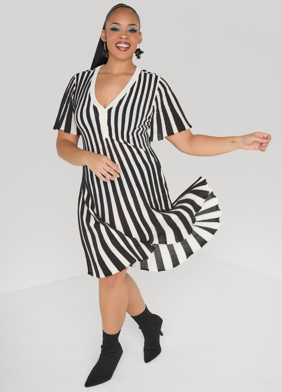Striped A Line Sweater Dress Black Combo | Ashley Stewart