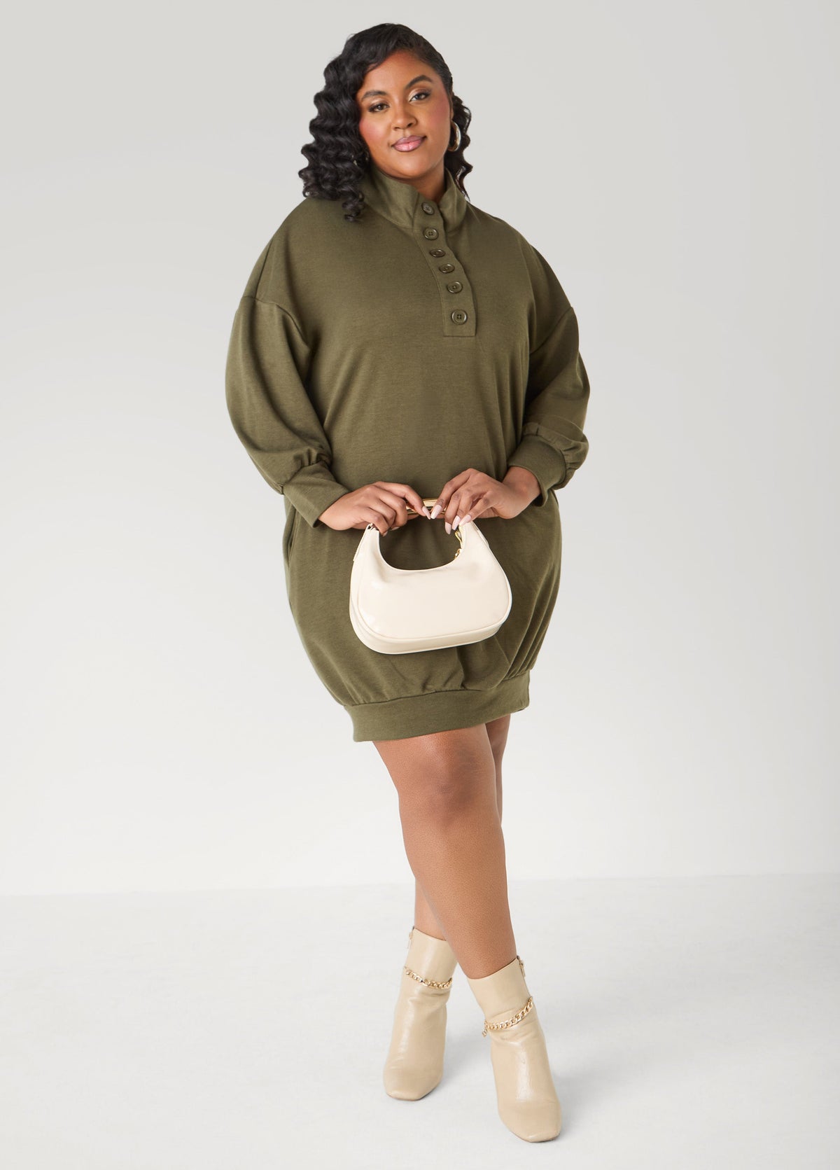 Button Front Sweatshirt Dress Heather Grey | Ashley Stewart