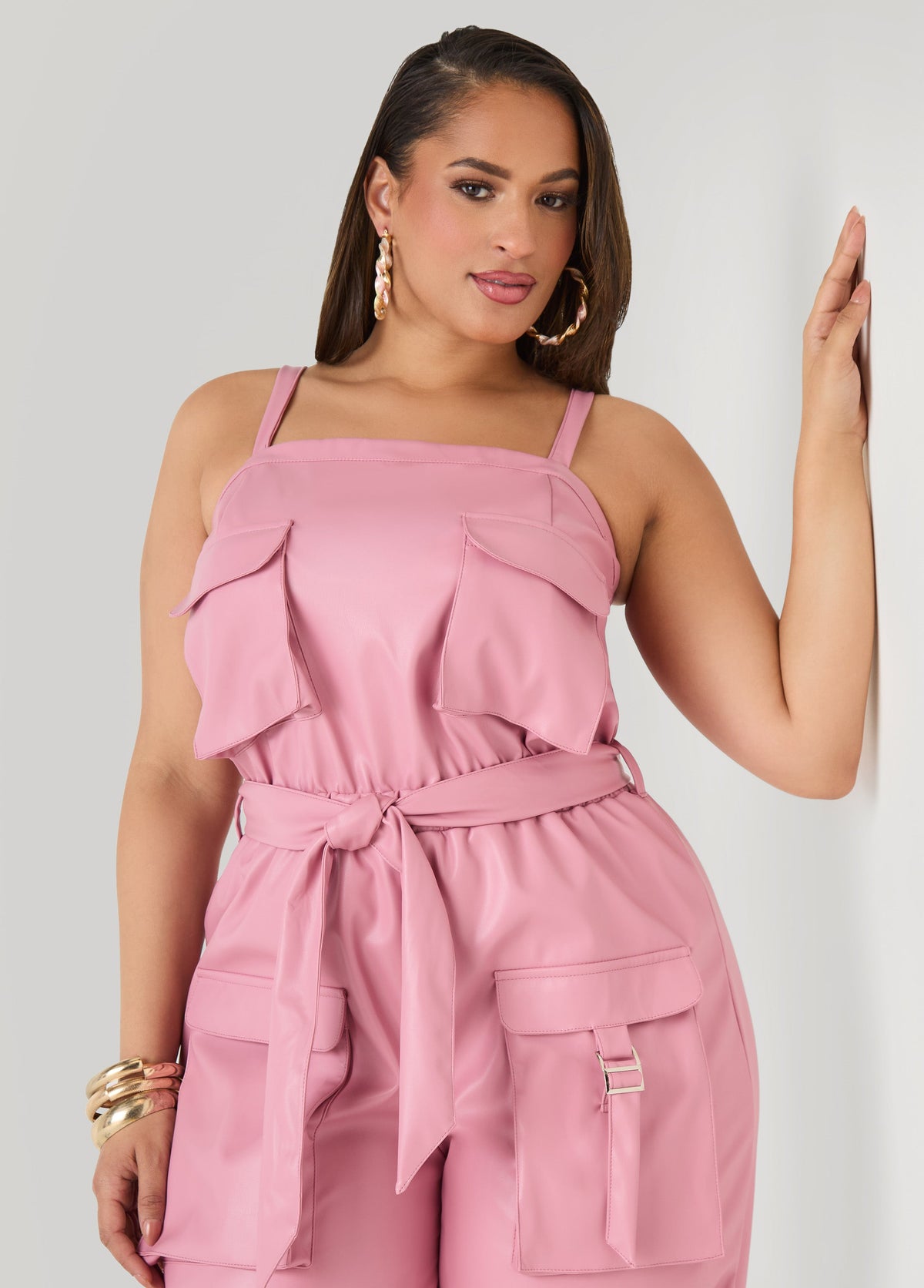 Faux Leather Joggers Jumpsuit Olive Night | Ashley Stewart