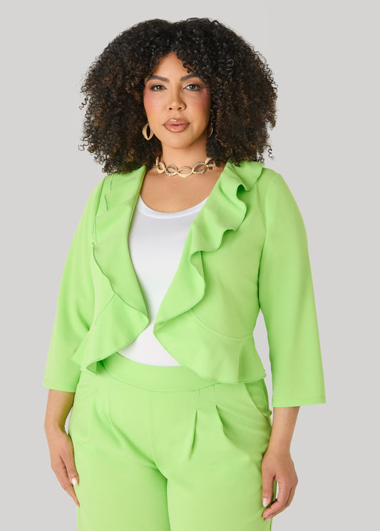 Open Front Ruffled Jacket Lime Green | Ashley Stewart