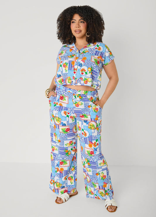 Printed Pull On Pants Blue | Ashley Stewart