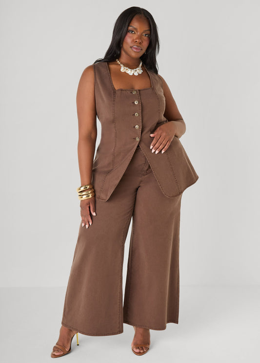 Chambray Wide Leg Pants Brown | Ashley Stewart
