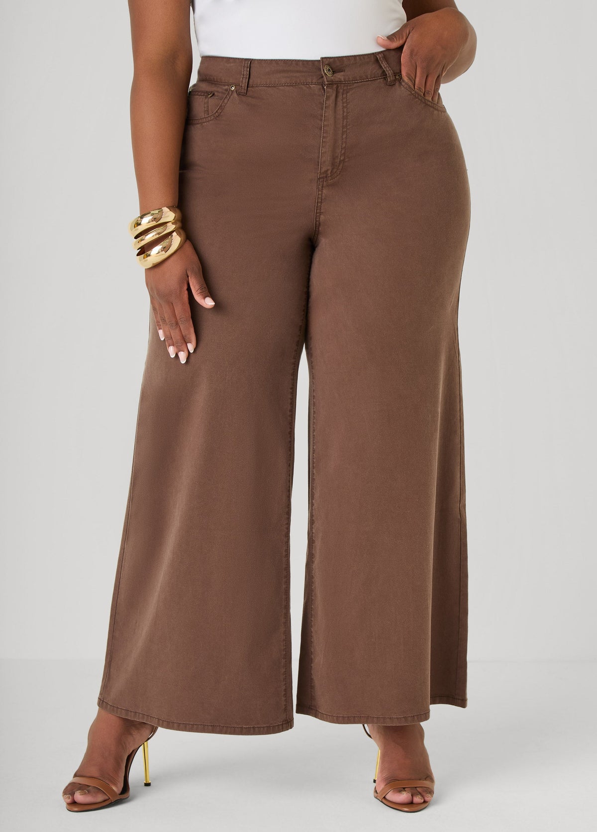 Chambray Wide Leg Pants Brown | Ashley Stewart