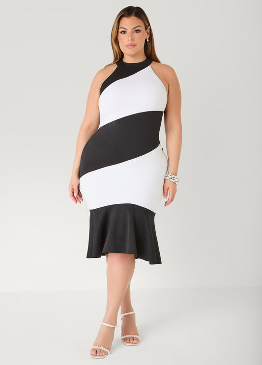 Two Tone High Neck Midi Dress Black White | Ashley Stewart