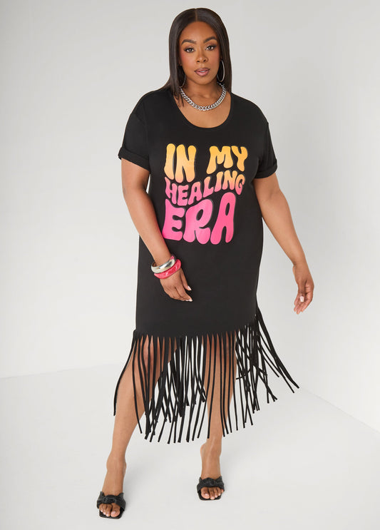 Healing Era Fringed T Shirt Dress Black | Ashley Stewart