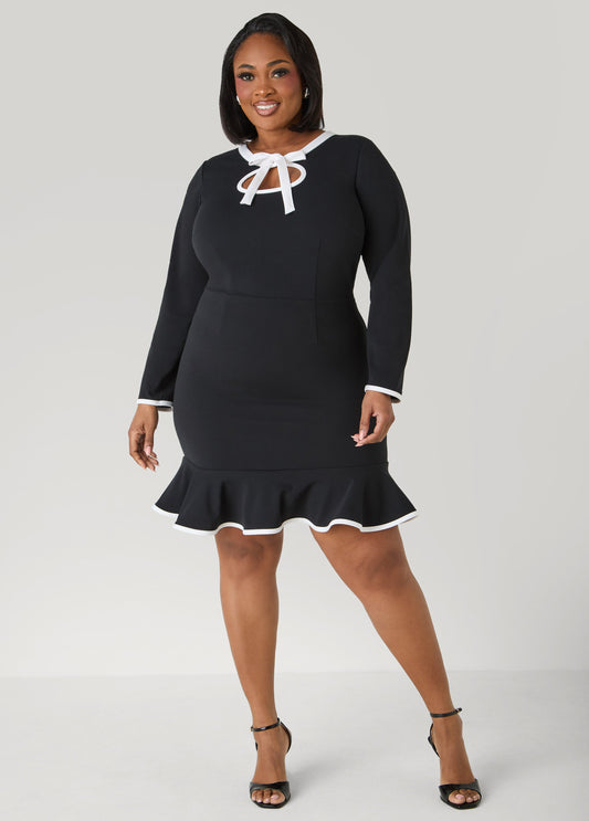 Bow Embellished Cutout Dress Black White | Ashley Stewart