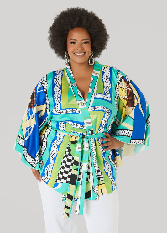 Belted Printed Satin Kimono Multi | Ashley Stewart
