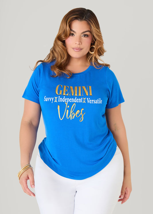 Gemini Vibes Metallic Graphic Tee Victoria Blue | Ashley Stewart