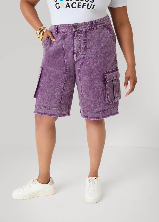 Stonewash Cargo Bermuda Shorts Pansy | Ashley Stewart