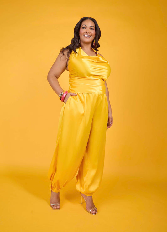 Ankle Tie Satin Balloon Pants Spectra Yellow | Ashley Stewart
