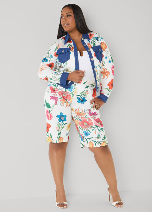 Pleated Floral Shorts White | Ashley Stewart