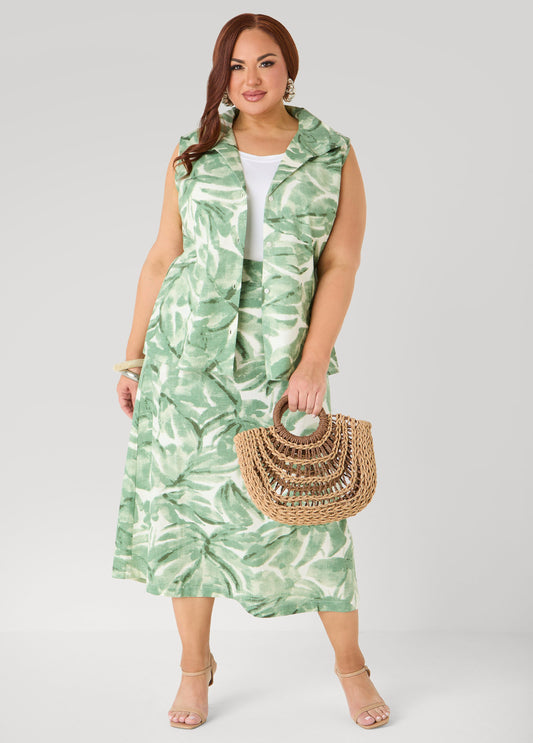 Palm Print Linen Blend Skirt Teal | Ashley Stewart