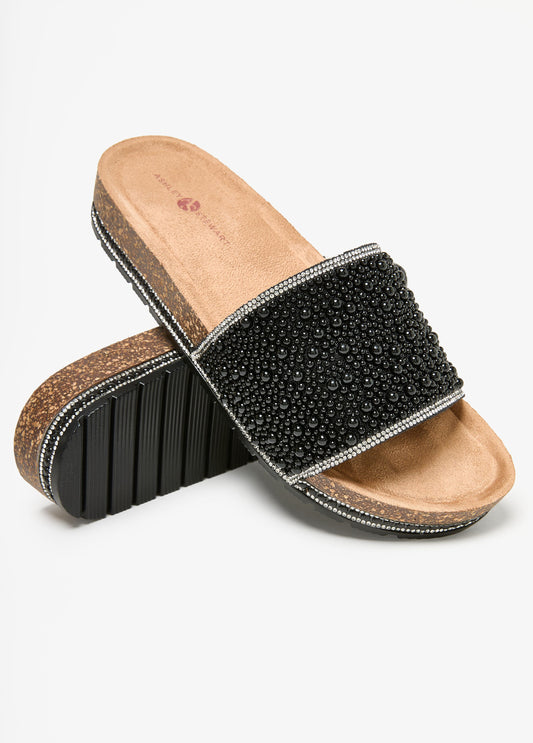 Beaded Flatform Sandals Black | Ashley Stewart