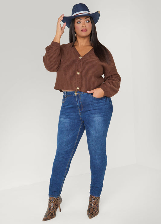 Cropped Ribbed Knit Sweater Potting Soil | Ashley Stewart