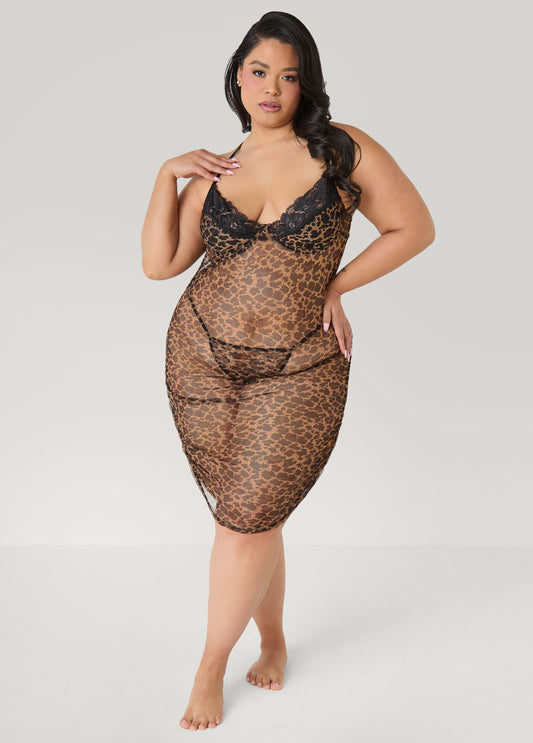 Ruched Animal Mesh Chemise Set Brown Animal | Ashley Stewart