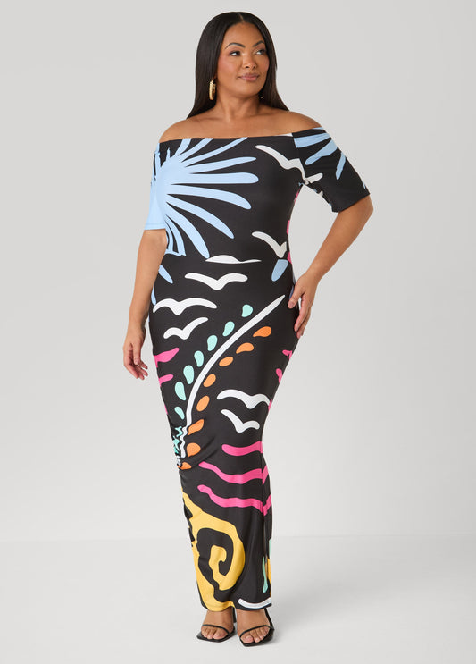 Tall Tropical Off The Shoulder Dress Black Combo | Ashley Stewart