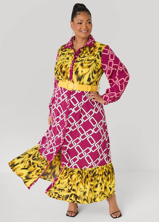 Belted Printed Maxi Shirtdress Multi | Ashley Stewart