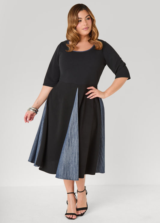 Denim Paneled A Line Dress Black | Ashley Stewart
