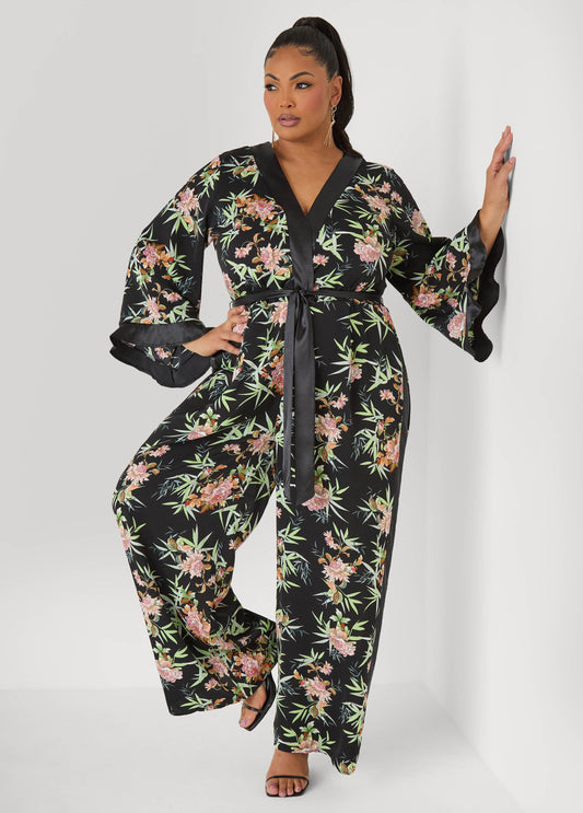 Floral Faux Wrap Jumpsuit Black Combo | Ashley Stewart