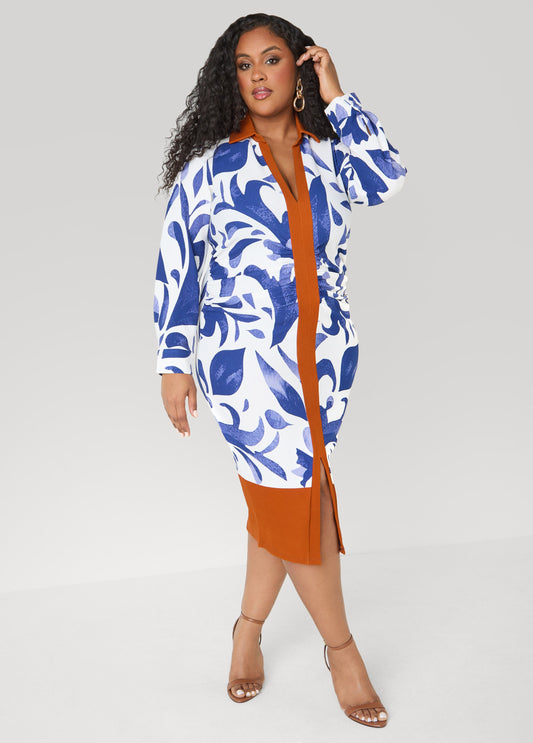 Tall Ruched Leaf Print Bodycon Dress Sodalite | Ashley Stewart