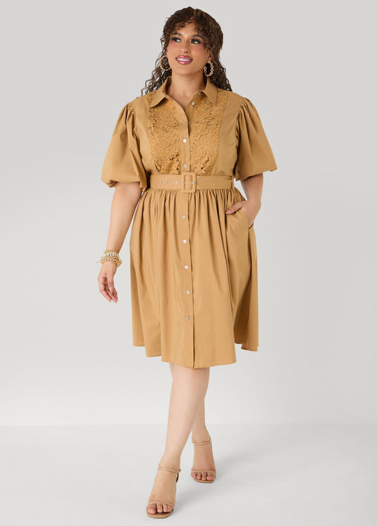 Crochet Panel A Line Shirtdress Iced Coffee | Ashley Stewart