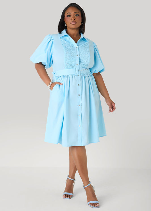 Crochet Paneled A Line Shirtdress POWDER BLUE | Ashley Stewart