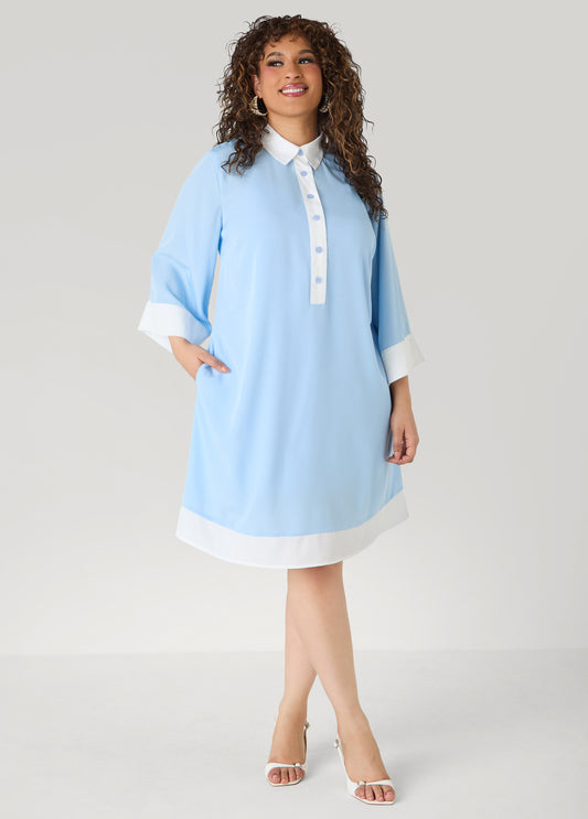 Two Tone Swing Shirtdress POWDER BLUE | Ashley Stewart