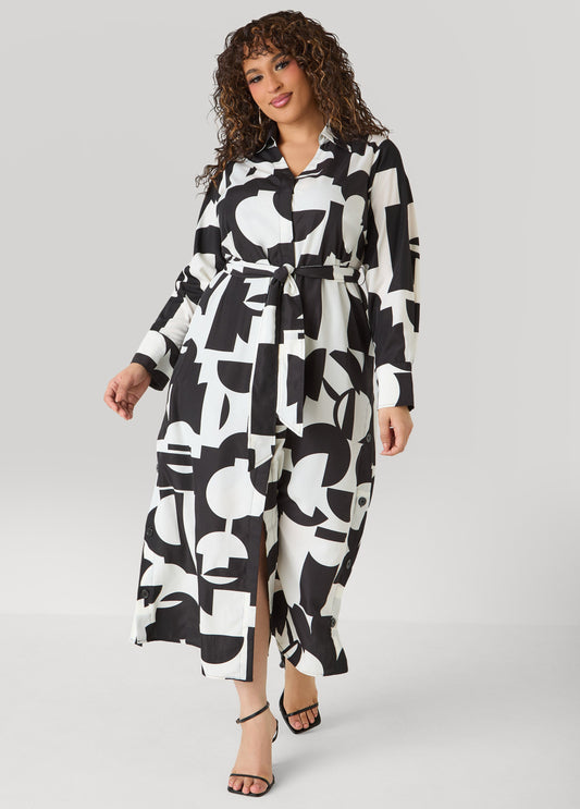 Button Detail Geo Maxi Shirtdress Black White | Ashley Stewart