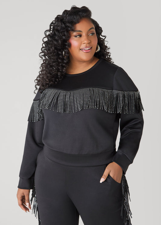 Studded Fringe Pullover Black | Ashley Stewart