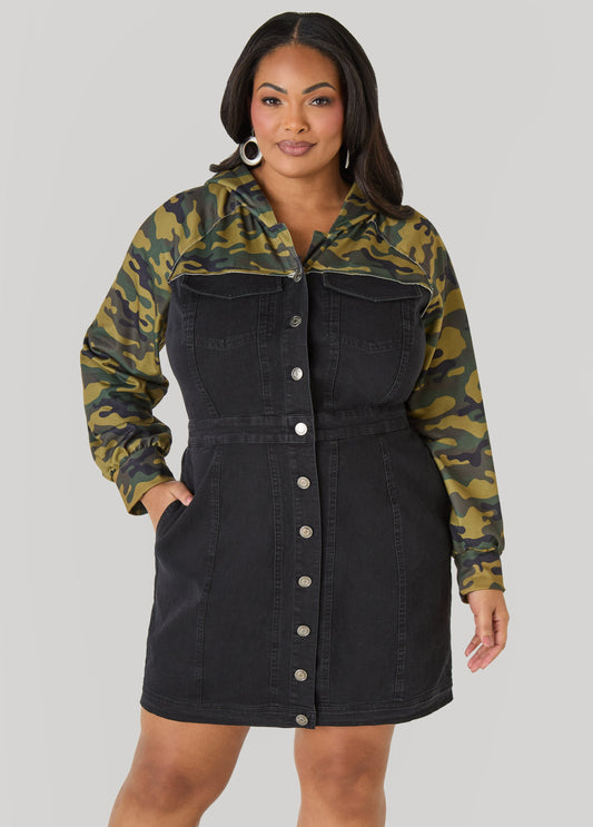Camo Paneled Denim Bodycon Dress Black | Ashley Stewart