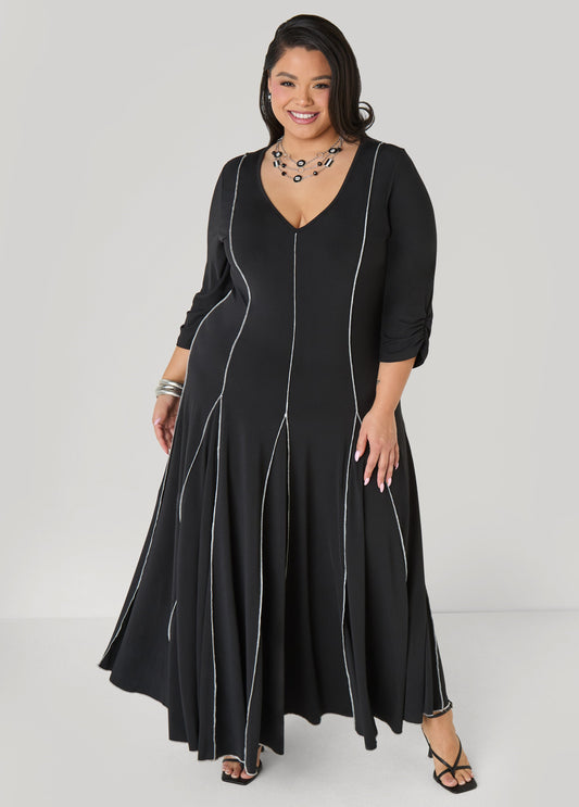 Ruched Sleeve Seamed Maxi Dress Black | Ashley Stewart
