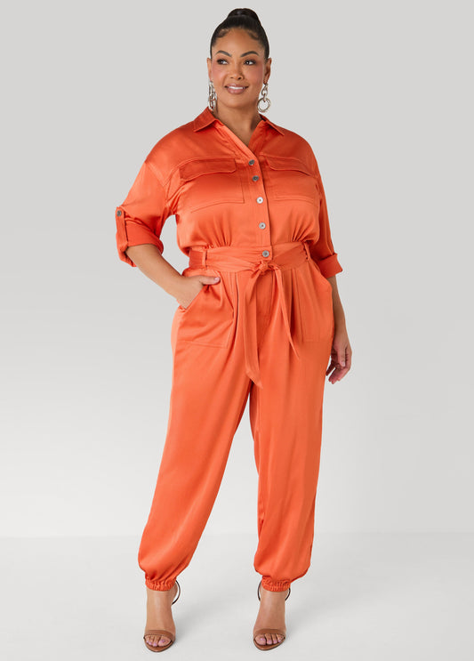 Hammered Satin Joggers Jumpsuit Copper | Ashley Stewart