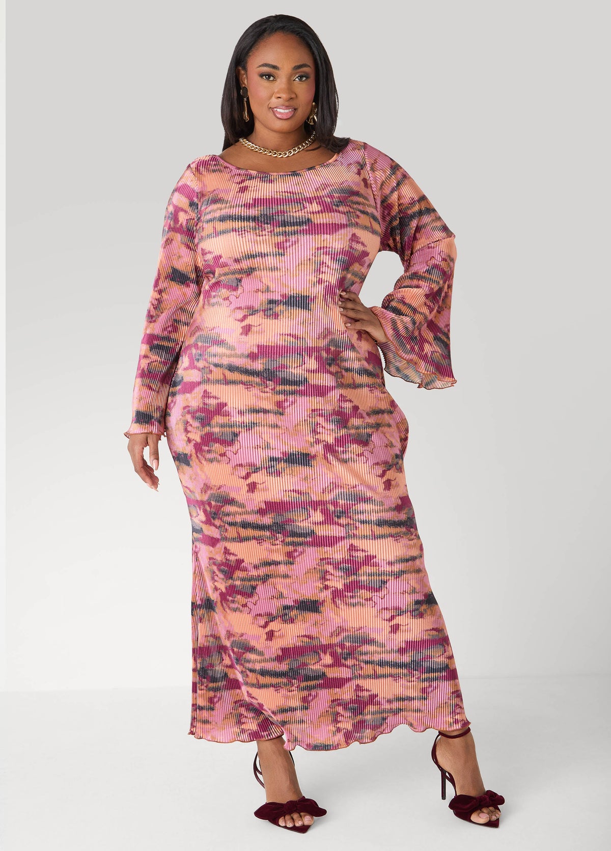 Plisse Printed Maxi Dress Foxglove | Ashley Stewart