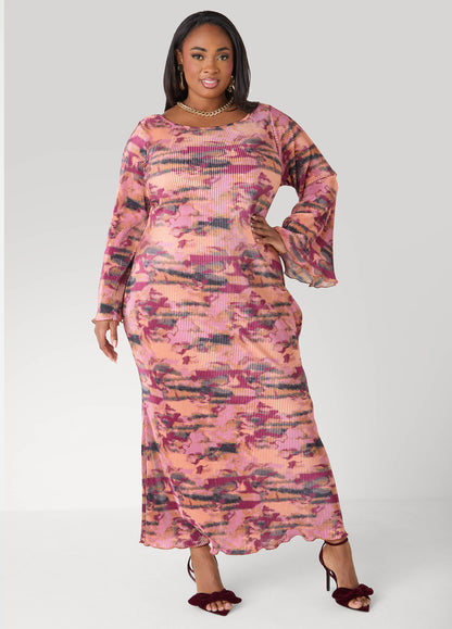 Plisse Printed Maxi Dress Foxglove | Ashley Stewart