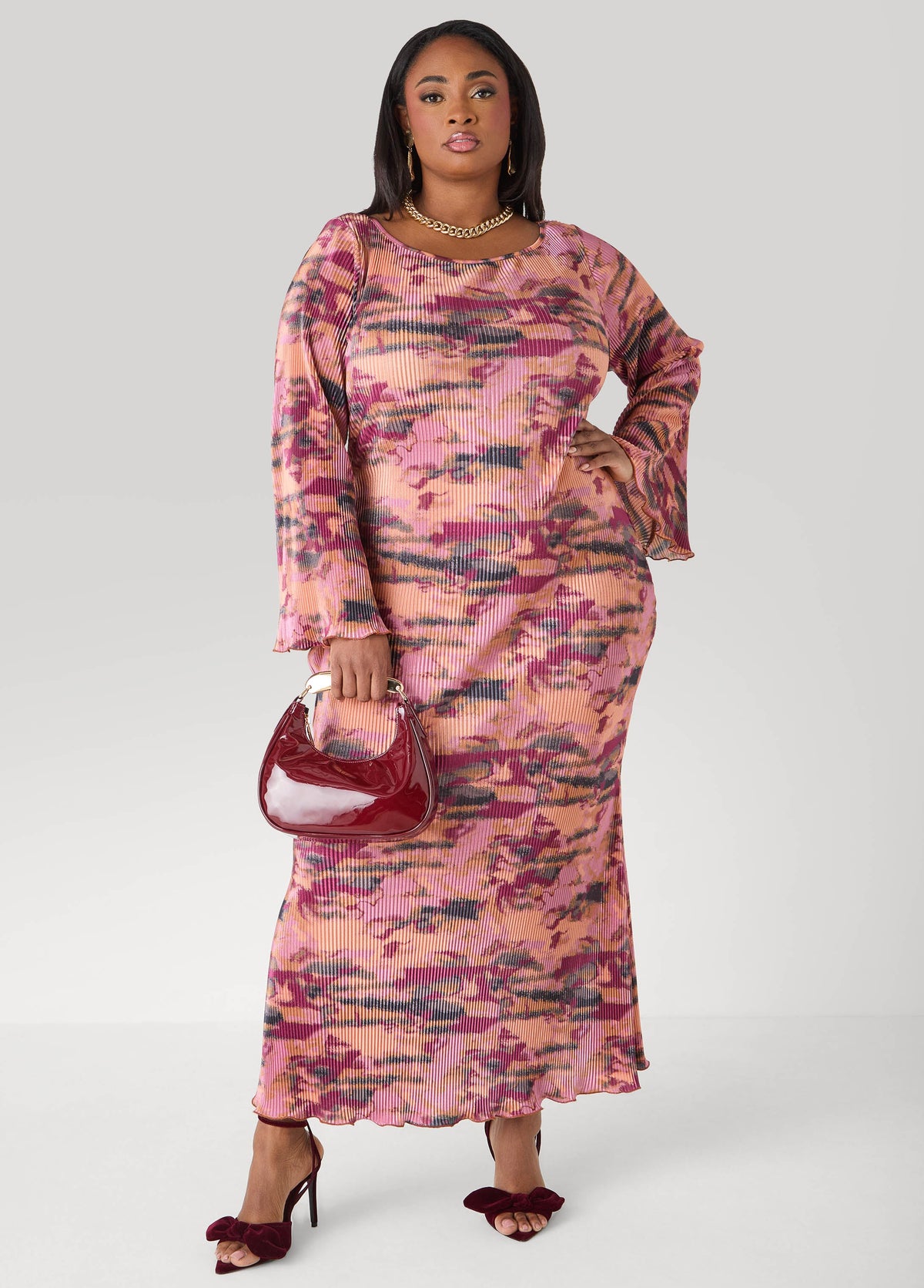 Plisse Printed Maxi Dress Foxglove | Ashley Stewart