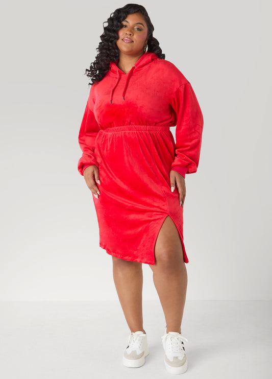 Hooded Velour Dress Barbados Cherry | Ashley Stewart