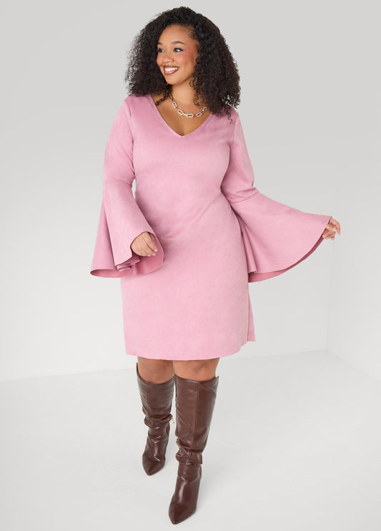 Bell Sleeved Faux Suede Dress Camel Taupe | Ashley Stewart