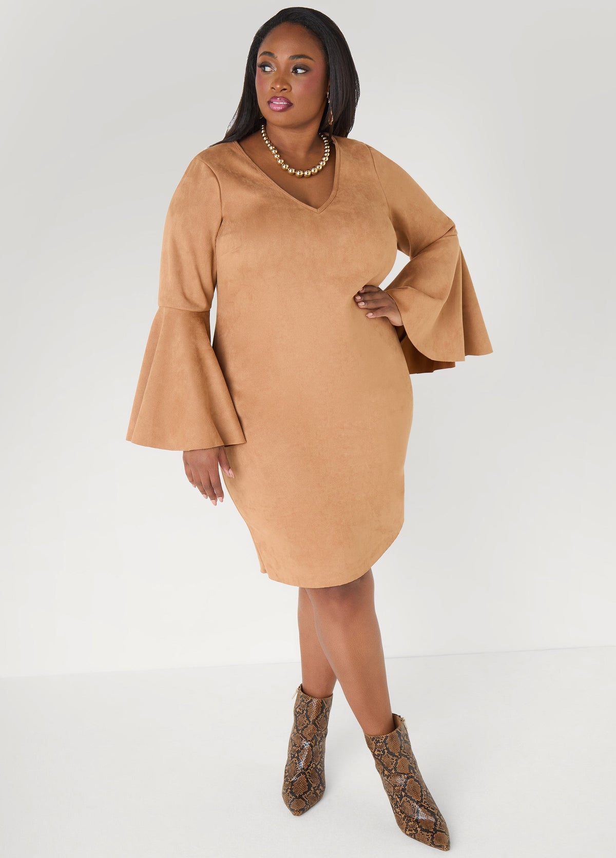 Bell Sleeved Faux Suede Dress Camel Taupe | Ashley Stewart