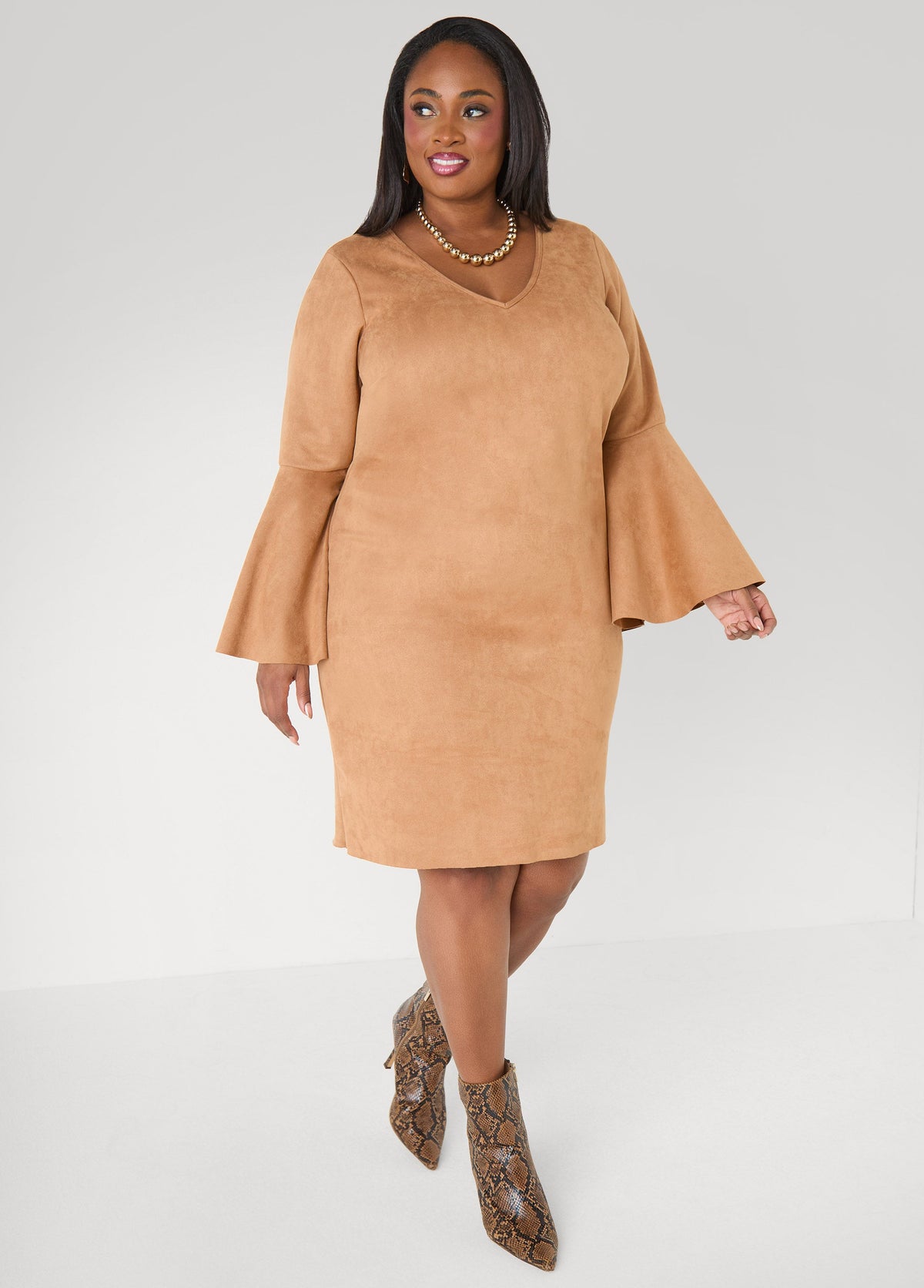 Bell Sleeved Faux Suede Dress Camel Taupe | Ashley Stewart