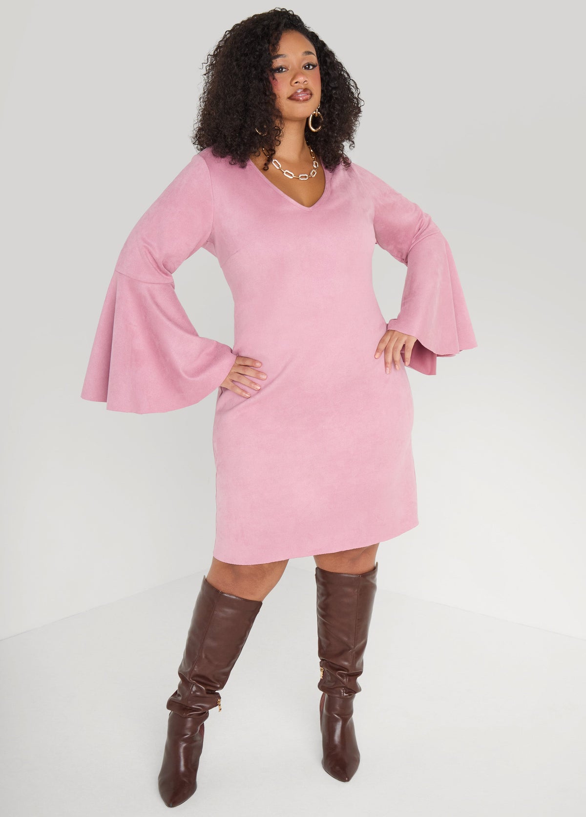 Bell Sleeved Faux Suede Dress Camel Taupe | Ashley Stewart