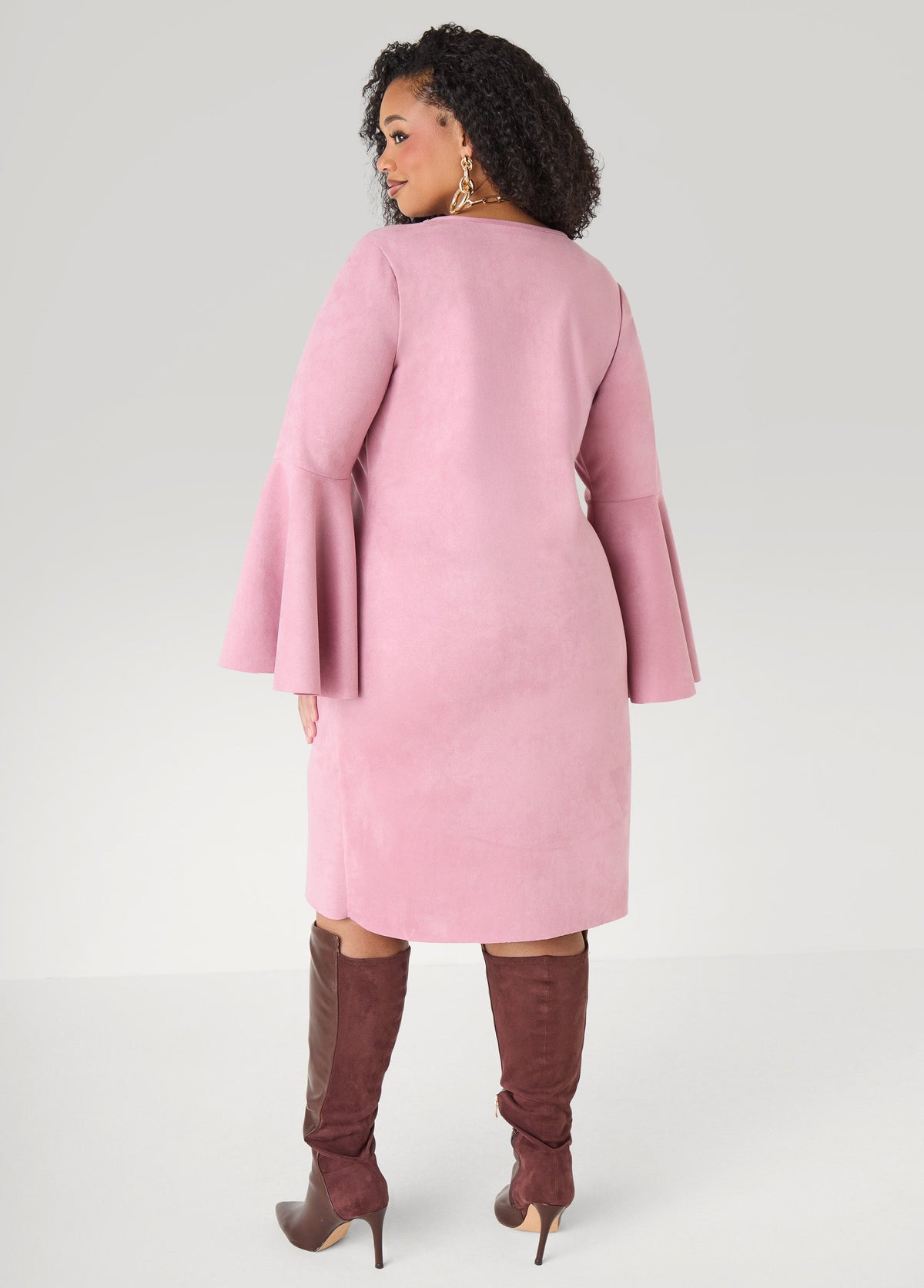 Bell Sleeved Faux Suede Dress Camel Taupe | Ashley Stewart