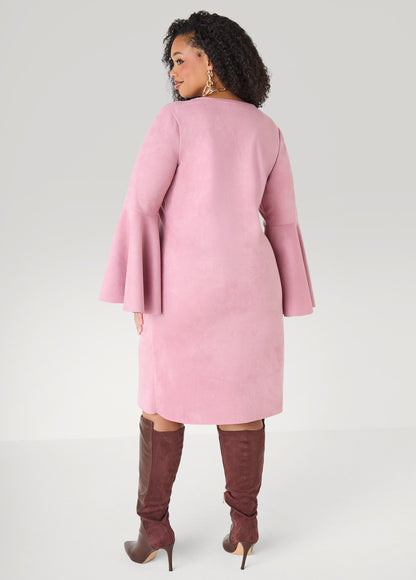 Bell Sleeved Faux Suede Dress Camel Taupe | Ashley Stewart