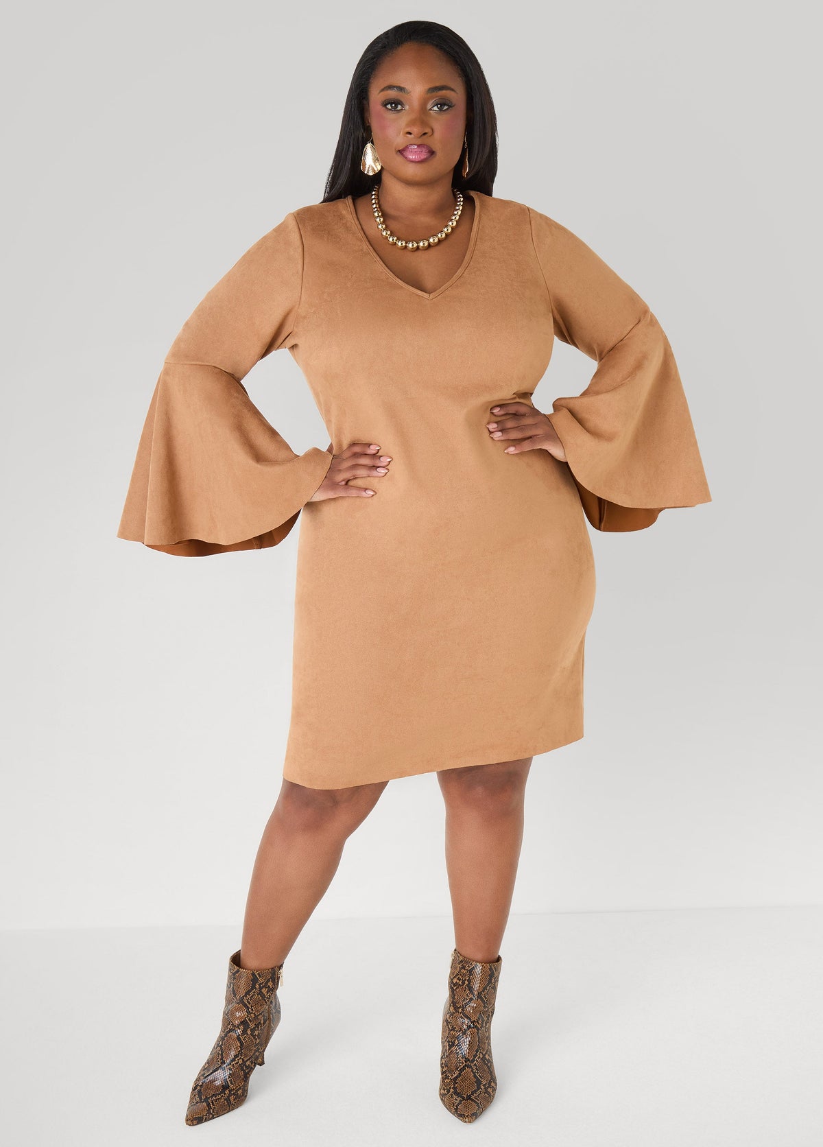 Bell Sleeved Faux Suede Dress Camel Taupe | Ashley Stewart